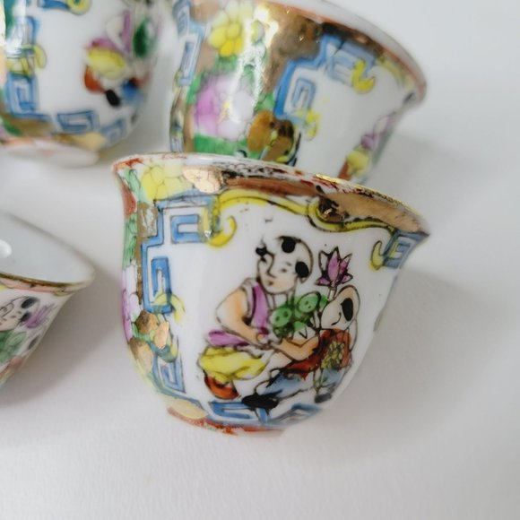 Small Hand Painted Chinese Tea Ceremony Set Gold Trim Male Figures Bright Flower - Picture 6 of 13